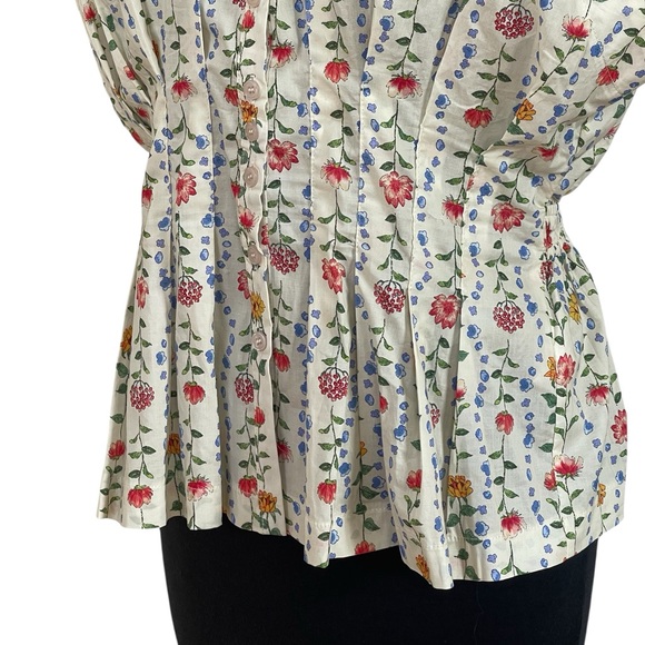 &merci Sleeveless Cream Floral Button-Front Blouse  Sz L Pleated Peplum Waist - Picture 5 of 13